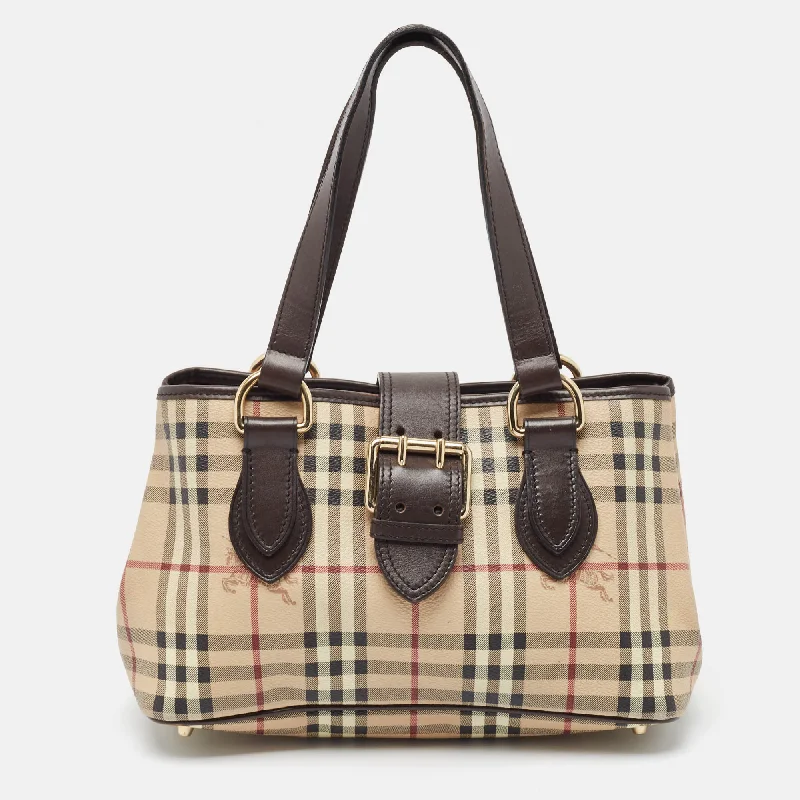 Faux Fur Trimmed Burberry Bags for WinterBrown/Beige Haymarket Coated Canvas and Leather Eden Tote