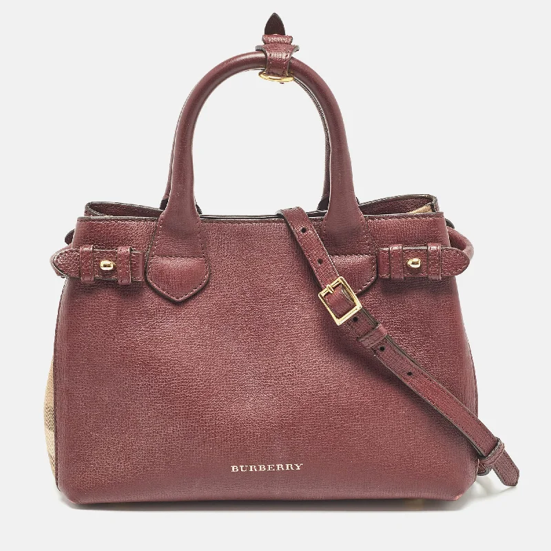 Burberry Bags with Adjustable Shoulder Straps for ComfortBurgundy/Beige Leather and House Check Fabric Small Banner Tote