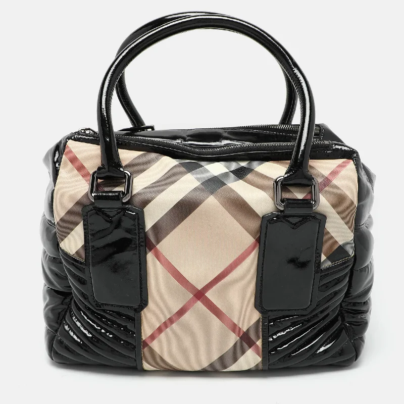 Burberry Bags with Zipper Compartments for SecurityBeige/Black Nova Check PVC and Patent Leather Satchel