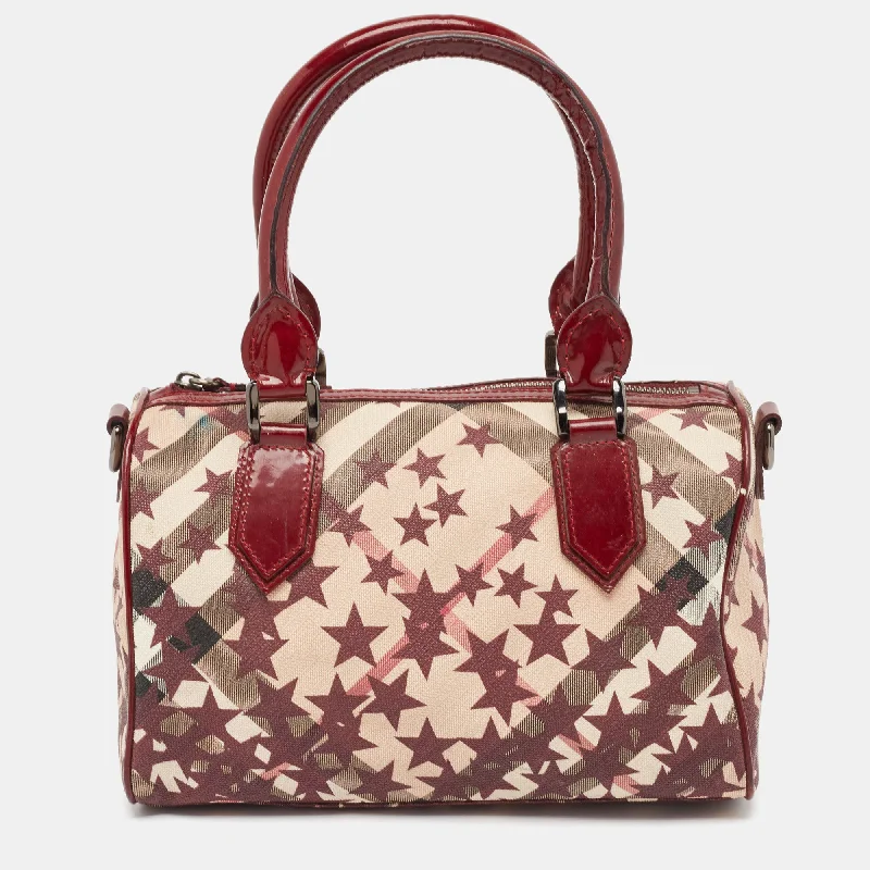 Faux Fur Trimmed Burberry Bags for WinterBurgundy/Beige Star Print Supernova Check Coated Canvas and Patent Leather Chester Bag