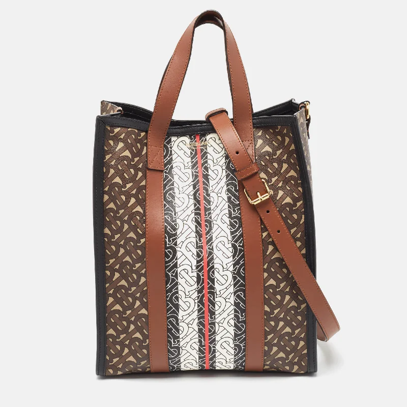 Embroidered Burberry Bags with Floral PatternsBlack/Brown TB Monogram Coated Canvas and Leather Stripe Portrait Tote