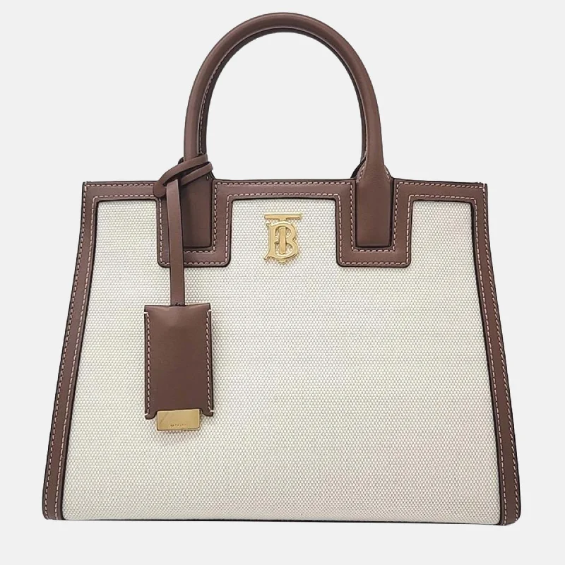 Adjustable Strap Burberry Messenger BagsIvory/Brown Leather and Canvas Mini Frances Tote Bag