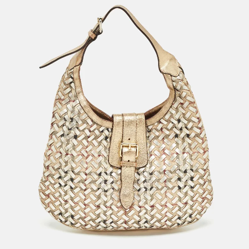 Functional Burberry Diaper Bags for New MomsGold/Beige Haymarket Check PVC and Leather Woven Brooke Hobo