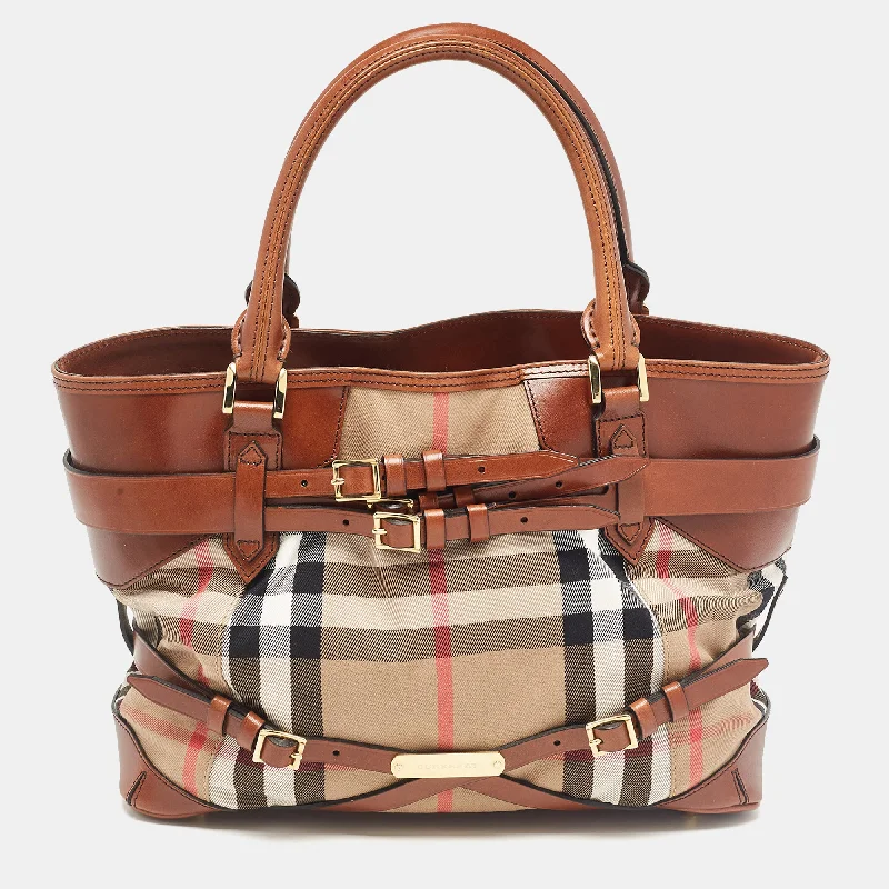 Stylish Burberry Tote Bags for Office UseBrown/Beige House Check Canvas and Leather Medium Bridle Lynher Tote