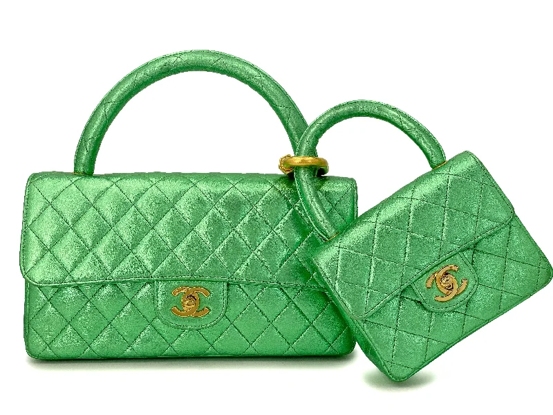 Chanel bags with chain and leather strap combinationsChanel 1994 Vintage Parent Child Bag Kelly Flap Set Metallic Green 24k GHW RRJ