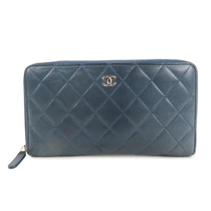 Chanel bags with chain and leather strap combinationsCHANEL Matelasse Lamb Skin Round Zippy Long Wallet Navy Silver HDW