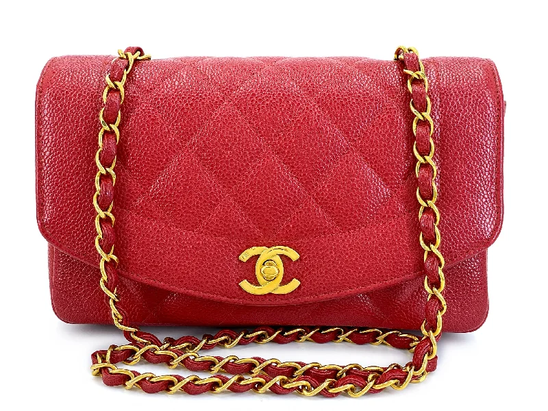 Chanel bags with intricate metal hardwareChanel 1994 Vintage Red Caviar Small Diana Flap Bag 24k GHW YRN