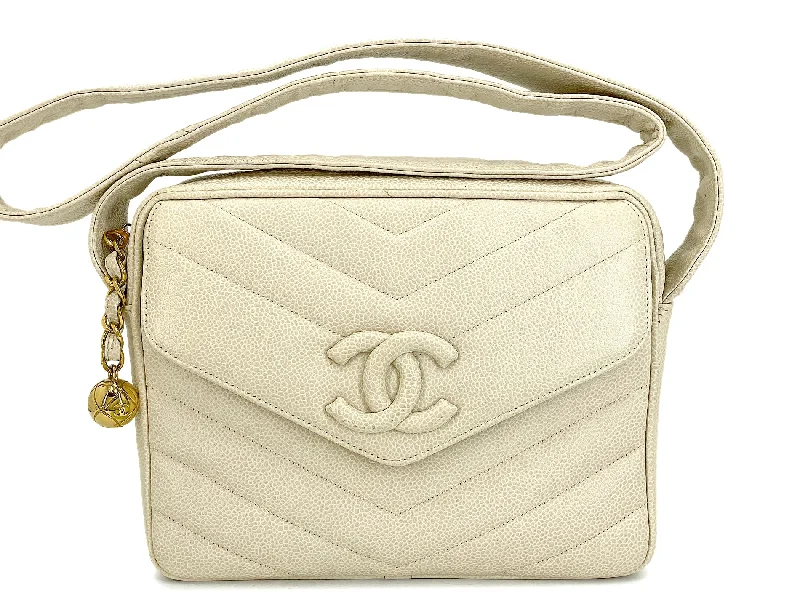 Chanel bags with iconic stitching detailsChanel Vintage Mushroom Beige Caviar Covered CC Camera Bag 24k GHW 6K9