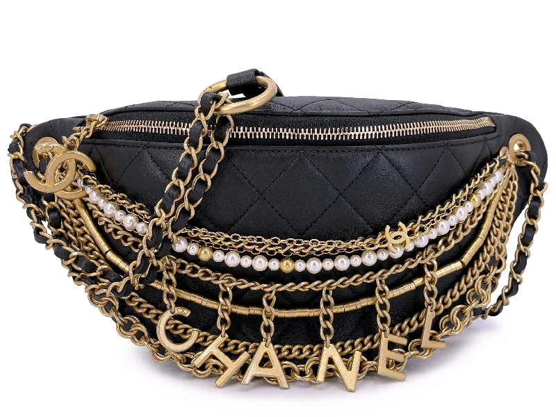 Chanel bags for women with minimalist styleChanel 19A Black All About Chains Pearl Fanny Pack Bag GHW 1LP