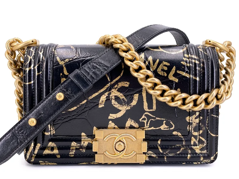 Chanel bags with exclusive seasonal designs and materialsChanel 19A Egypt Black Crocodile Print Graffiti Boy Bag Small GHW Paris-New York 509