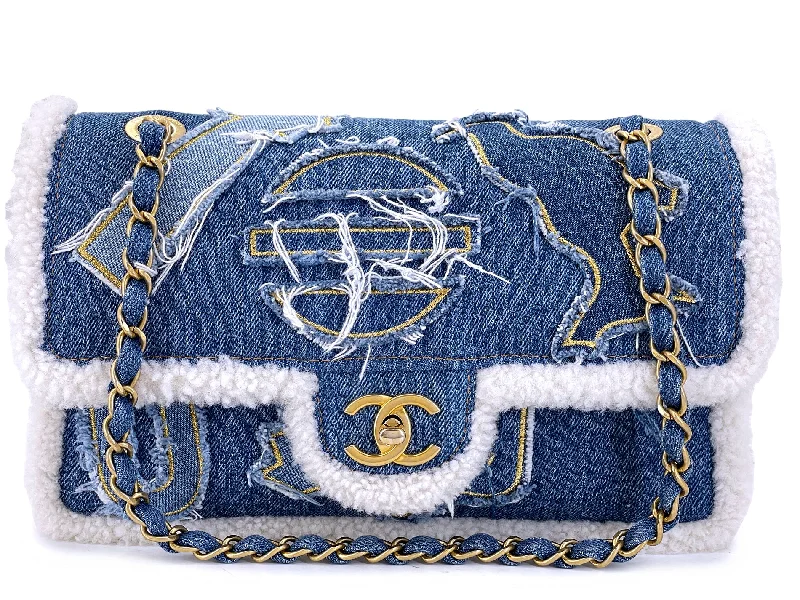 Chanel bags available at online luxury retaileChanel 19A Egyptian Denim Blue Shearling Hieroglyphic Medium Flap Bag Paris-NY GHW 259