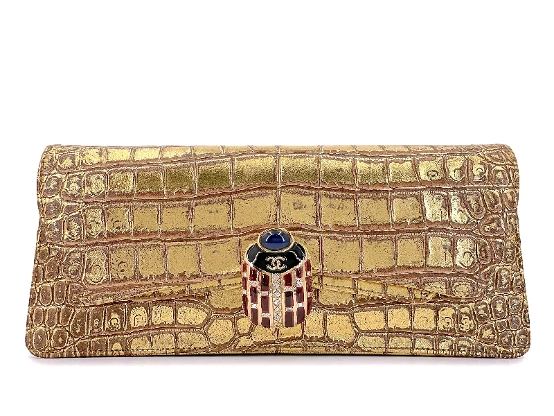 Chanel bags with exclusive seasonal releasesChanel 19A Paris-New York Egypt Scarab Gold Crocodile Print Clutch Bag TI9