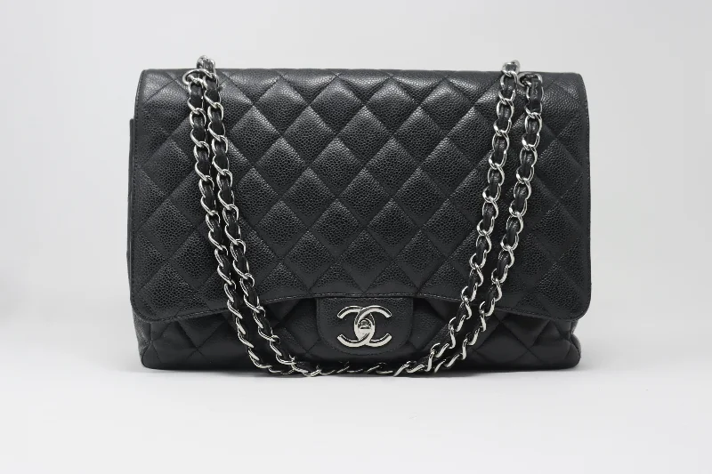 Chanel Handbag with Adjustable Strap for ComfortCHANEL 2010 Maxi Caviar Double Flap Bag Silver Hardware