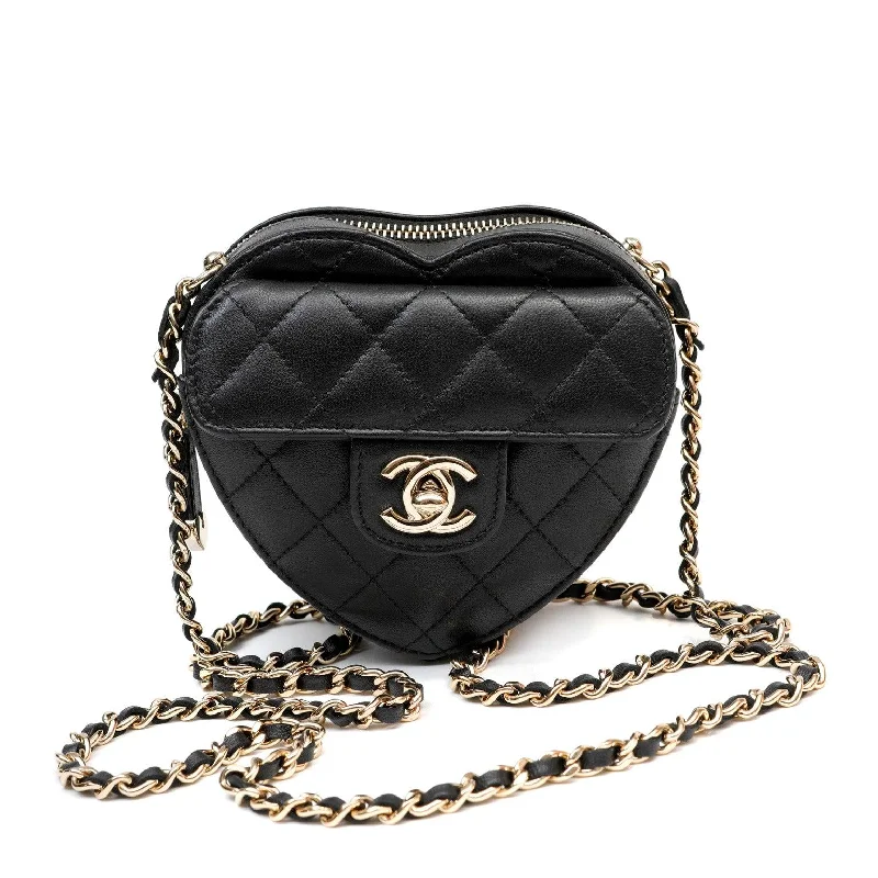 Chanel bags with leather and tweed combinationsChanel 2022 Black Lambskin Heart Mini Bag w/ Gold Hardware