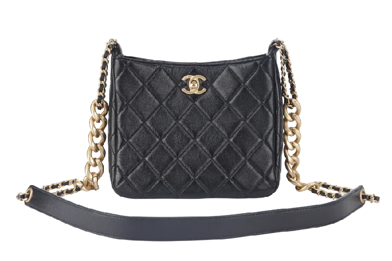 Chanel bags with gold, silver, and pearl accentsCHANEL 22P HOBO BAG (K63xxxx) BLACK SMALL LAMBSKIN GOLD HARDWARE WITH DUST COVER AND BOX