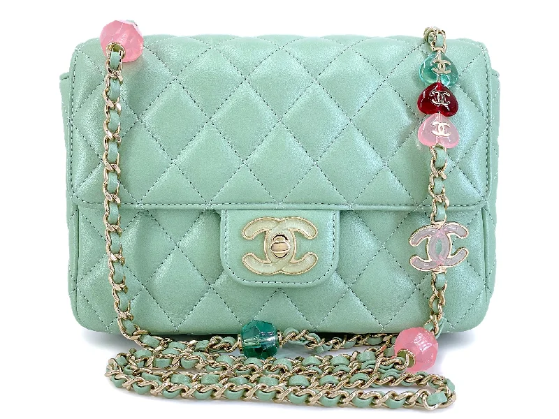 Chanel bags for those who value investment piecesChanel 23P Mint Green Lambskin Lucite Candy Hearts Square Mini Flap Bag GHW Y8V