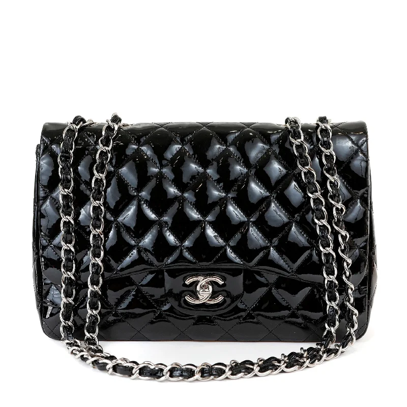 Chanel bags available in bold colors and patternsChanel  Black Patent Leather Jumbo Classic with Silver Hardware