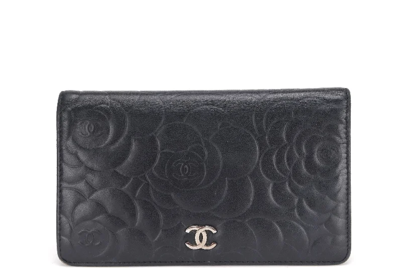 Chanel Limited Edition Handbag for CollectorsCHANEL CAMELLIA BLACK LAMBSKIN LEATHER LONG WALLET (1671xxxx) SILVER HARDWARE, WITH CARD & BOX