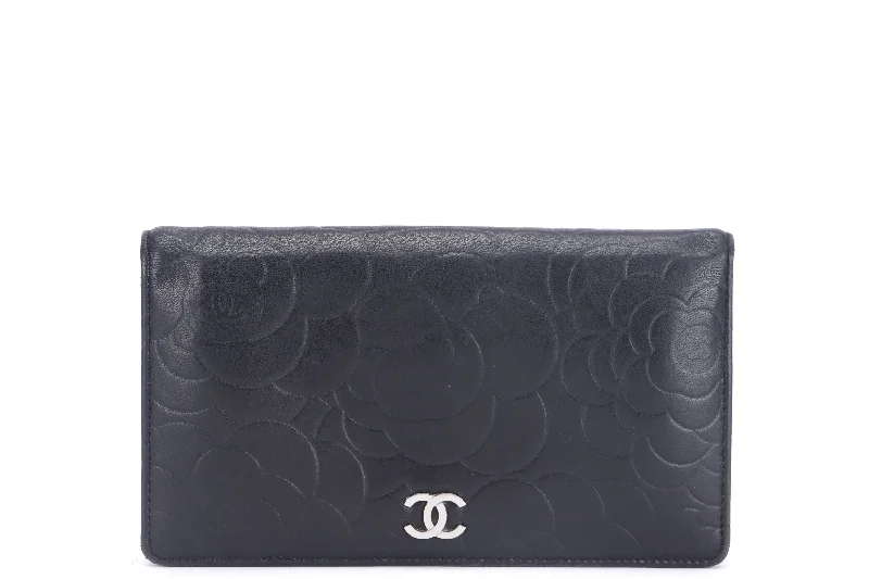 Chanel classicCHANEL CAMELLIA LONG WALLET (1462xxxx) BLACK LAMBSKIN SILVER HARDWARE, WITH CARD & BOX