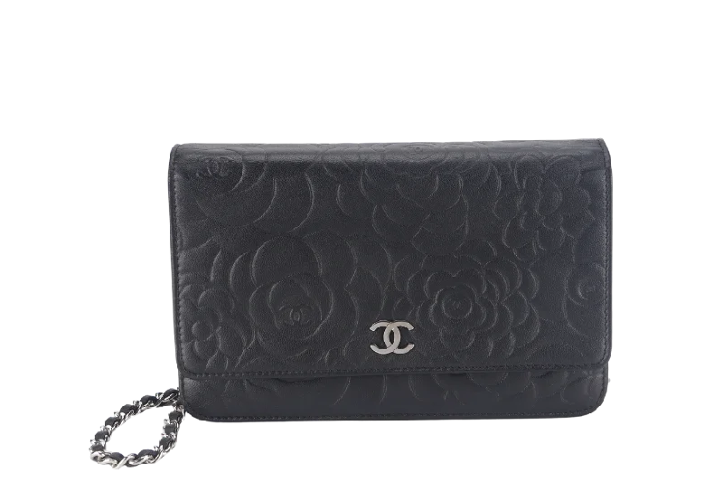 Chanel bags with chain and leather strap combinationsCHANEL CAMELLIA W.O.C (1609xxxx) BLACK EMBOSSED LAMBSKIN SILVER HARDWARE  WITH CARD AND BOX