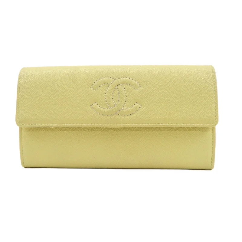 Chanel bags with exclusive seasonal designs and materialsCHANEL Caviar Skin Coco Mark Bi-fold Long Wallet Light Yellow