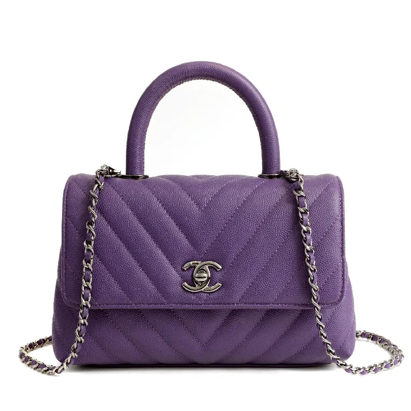 Chanel bags with adjustable chain strapsChanel Chevron Caviar Royal Purple Mini Coco Handle Flap Bag  w/ Silver Hardware