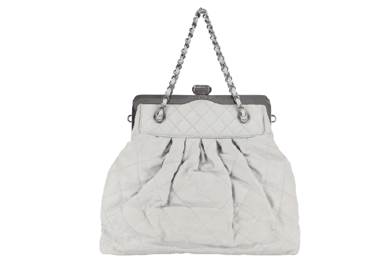 Chanel bags with exclusive seasonal designs and materialsCHANEL CHIC FRAME TOTE (1484xxxx) LIGHT GREY CALFSKIN SILVER HARDWARE WITH CARD AND DUST COVER