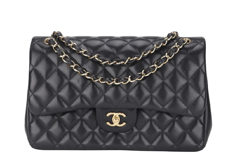 Chanel bags with intricate metal hardwareCHANEL CLASSIC DOUBLE FLAP JUMBO BLACK LAMBSKIN LEATHER GHW (1685xxxx) WITH CARD AND DUST COVER