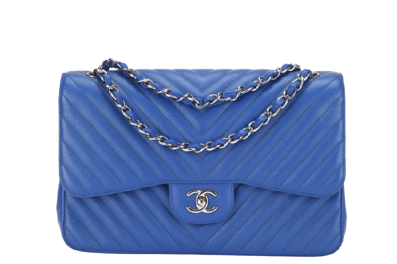 Chanel bags with iconic gold chainsCHANEL CLASSIC DOUBLE FLAP (2247xxxx) JUMBO BLUE CHEVRON CAVIAR LEATHER SILVER HARDWARE, WITH DUST COVER