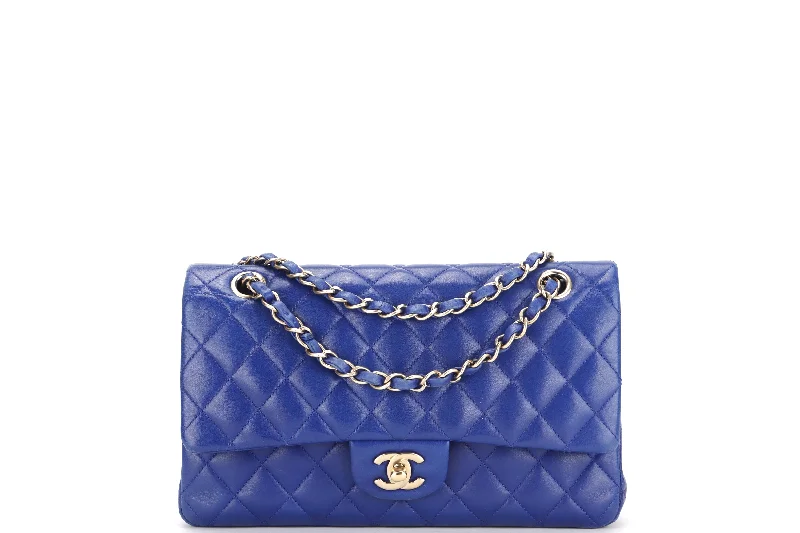 Chanel bags with iconic gold chainsCHANEL CLASSIC DOUBLE FLAP (1813xxxx) MEDIUM BLUE LAMBSKIN LIGHT GOLD HARDWARE, WITH CARD, NO DUST COVER