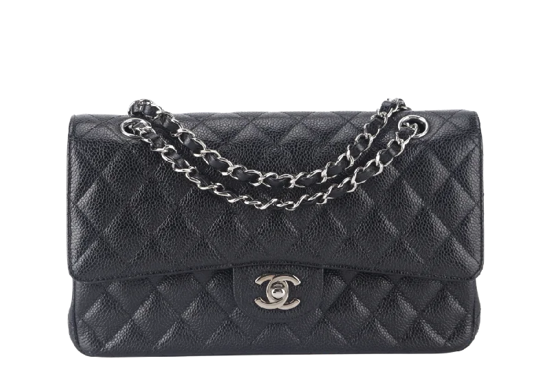 Chanel bags with chain and leather strap combinationsCHANEL CLASSIC FLAP (2618xxxx) MEDIUM BLACK CAVIAR SILVER HARDWARE NO CARD WITH DUST COVER AND BOX