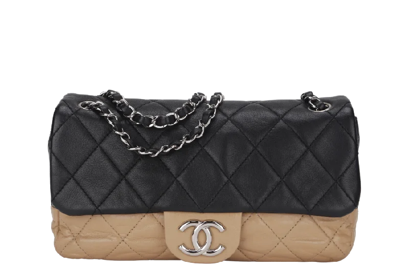 Chanel Quilted Leather Shoulder Bag for FashionistasCHANEL CLASSIC FLAP BICOLOR (1267xxxx) MEDIUM BLACK & BEIGE LAMBSKIN SILVER HARDWARE WITH CARD, NO DUST COVER