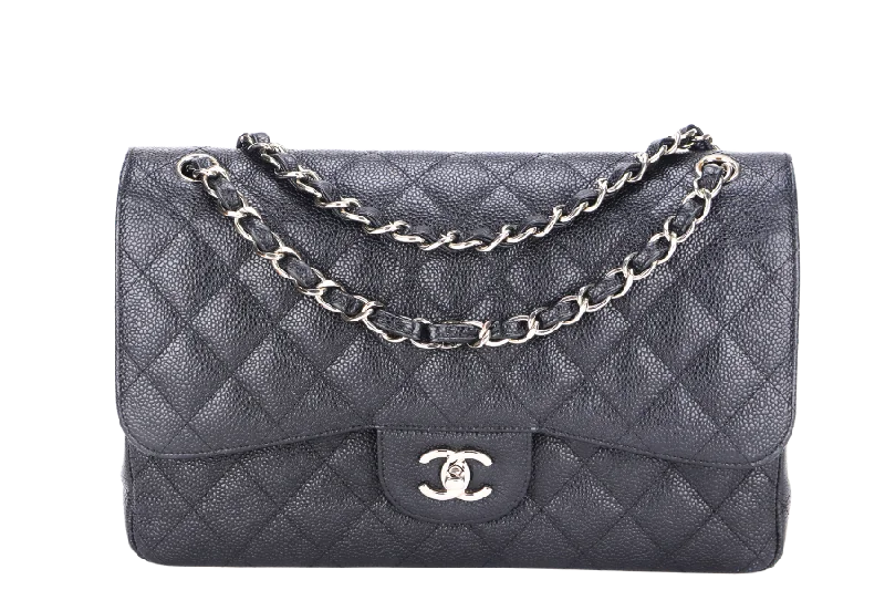 Chanel bags with leather and tweed combinationsCHANEL CLASSIC FLAP JUMBO (2151xxxx) BLACK CAVIAR SILVER HARDWARE WITH CARD & DUST COVER