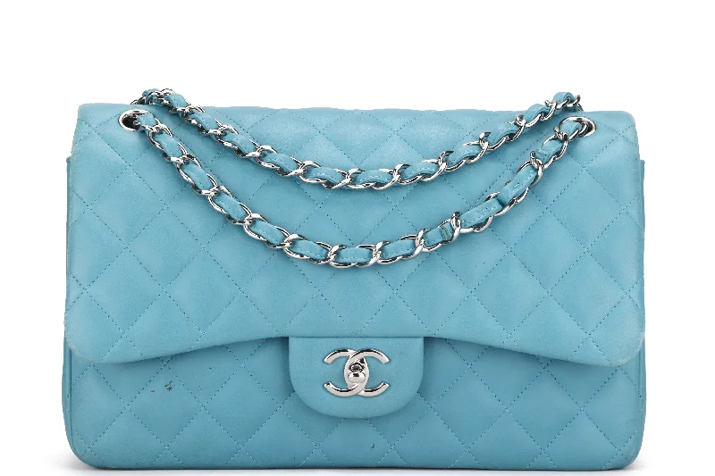 Chanel bags perfect for everyday elegCHANEL CLASSIC FLAP (1943xxxx) JUMBO TURQUOISE COLOR LAMBSKIN SILVER HARDWARE, WITH CARD, NO DUST COVER