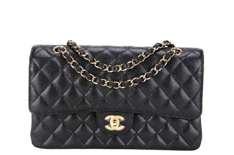 Chanel bags with gold, silver, and pearl accentsCHANEL CLASSIC FLAP (A047xxxx) MEDIUM BLACK CAVIAR GOLD HARDWARE, WITH DUST COVER & BOX