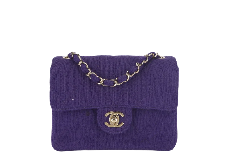 Chanel Handbag with Adjustable Strap for ComfortCHANEL CLASSIC FLAP MINI SQUARE (648xxxx) PURPLE JERSEY GOLD HARDWARE WITH DUST COVER AND CARD