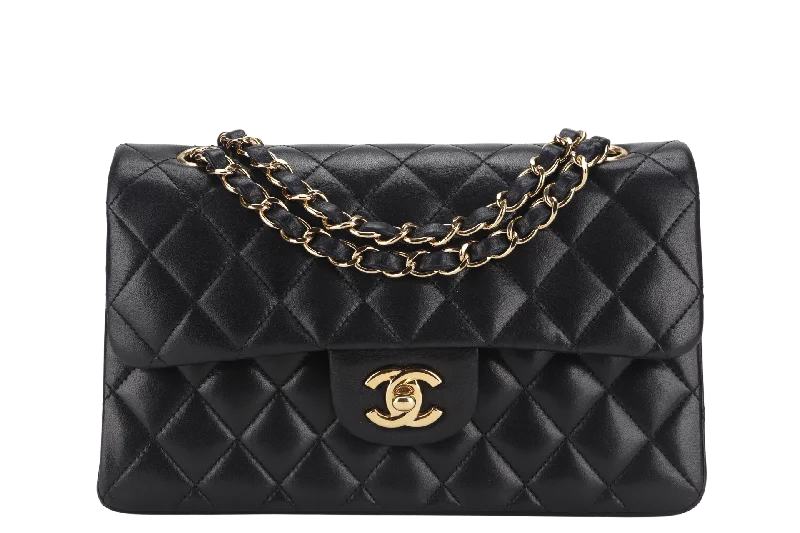 Chanel bags available in bold colors and patternsCHANEL CLASSIC FLAP SMALL BLACK LAMBSKIN & GOLD HARDWARE WITH CARD (1547xxxx) WITH DUST COVER AND BOX