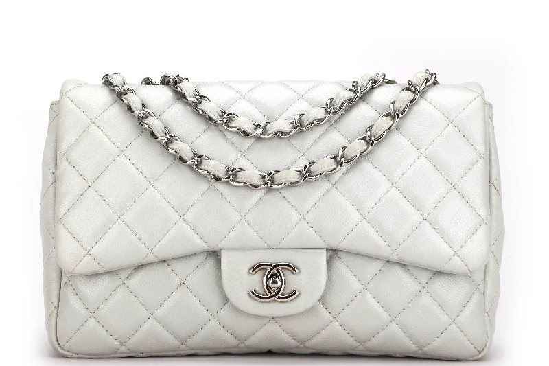 Chanel bags with intricate metal hardwareCHANEL CLASSIC SINGLE FLAP BAG (1282xxxx) JUMBO LIGHT MINT GREEN COLOR CAVIAR LEATHER, SILVER HARDWARE, WITH CARD & DUST COVER