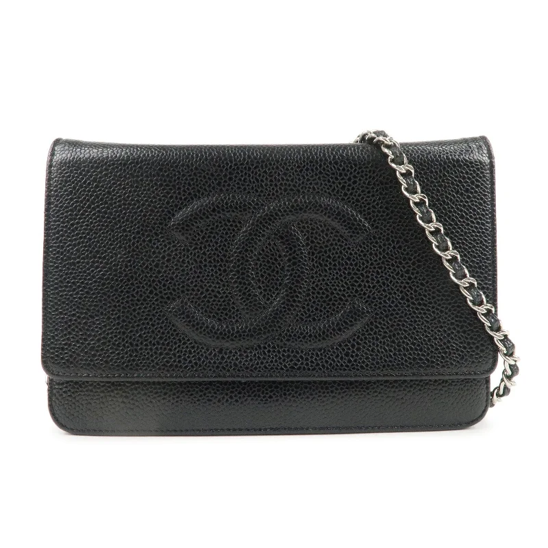 Chanel bags with leather and tweed combinationsCHANEL Coco Mark Caviar Skin Chain Wallet WOC Black A48654