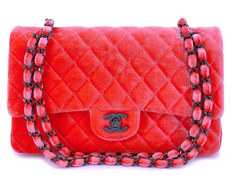 Chanel bags with iconic stitching detailsChanel Coral Velvet Medium Classic Double Flap Bag So Black Metal HW RSD