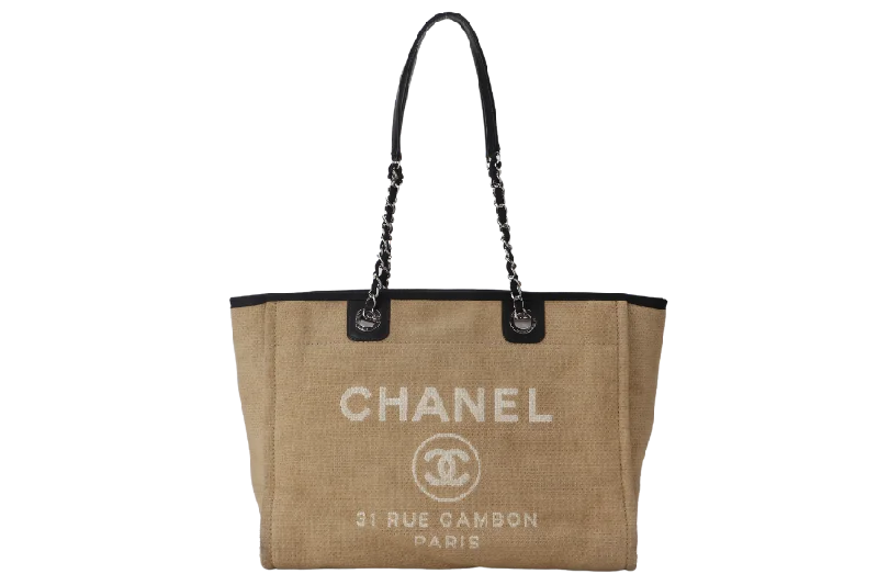 Chanel bags for women with minimalist styleCHANEL DEAUVILLE MEDIUM BROWN CANVAS TOTE BAG SILVER HARDWARE (1609xxxx) WITH CARD NO DUST COVER