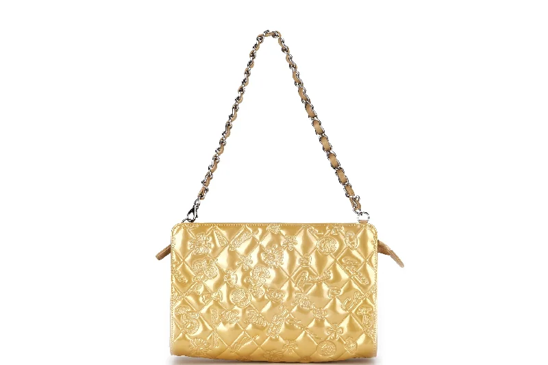 Chanel Vintage Inspired Handbag for Retro LoversCHANEL EMBOSSED GOLD PATENT LUCKY SYMBOLS BAG (1335xxxx) SILVER HARDWARE, NO CARD, DUST COVER & BOX