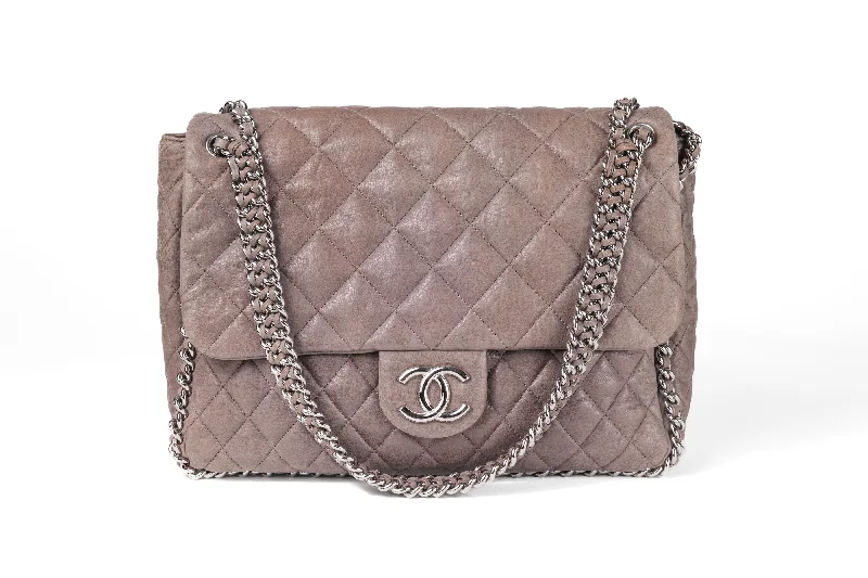 Chanel bags with modern touchesChanel Taupe Gray Washed Lambskin Chain Around Luxe Flap Bag with Silver Hardware