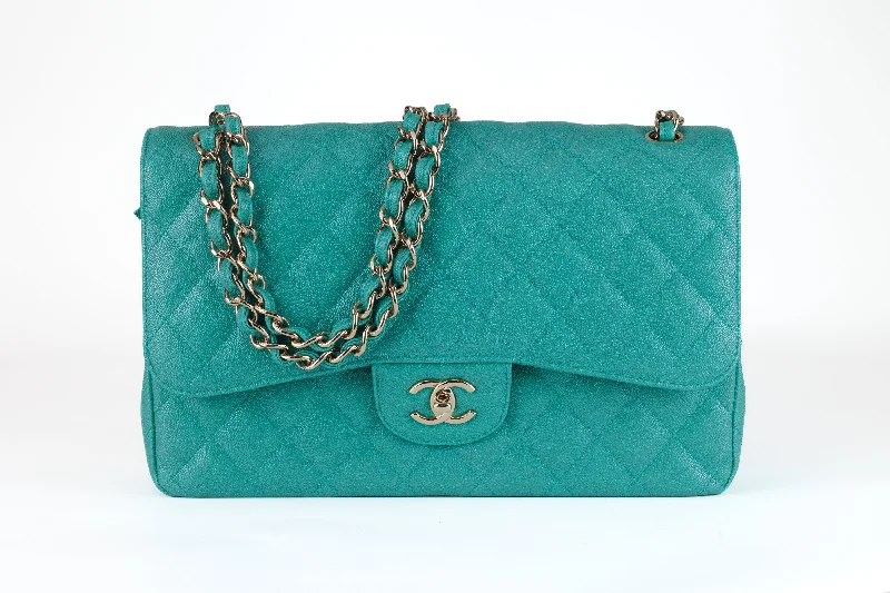 Chanel bags as wedding day accessoriesChanel Green Iridescent Caviar Jumbo Classic with Gold Hardware