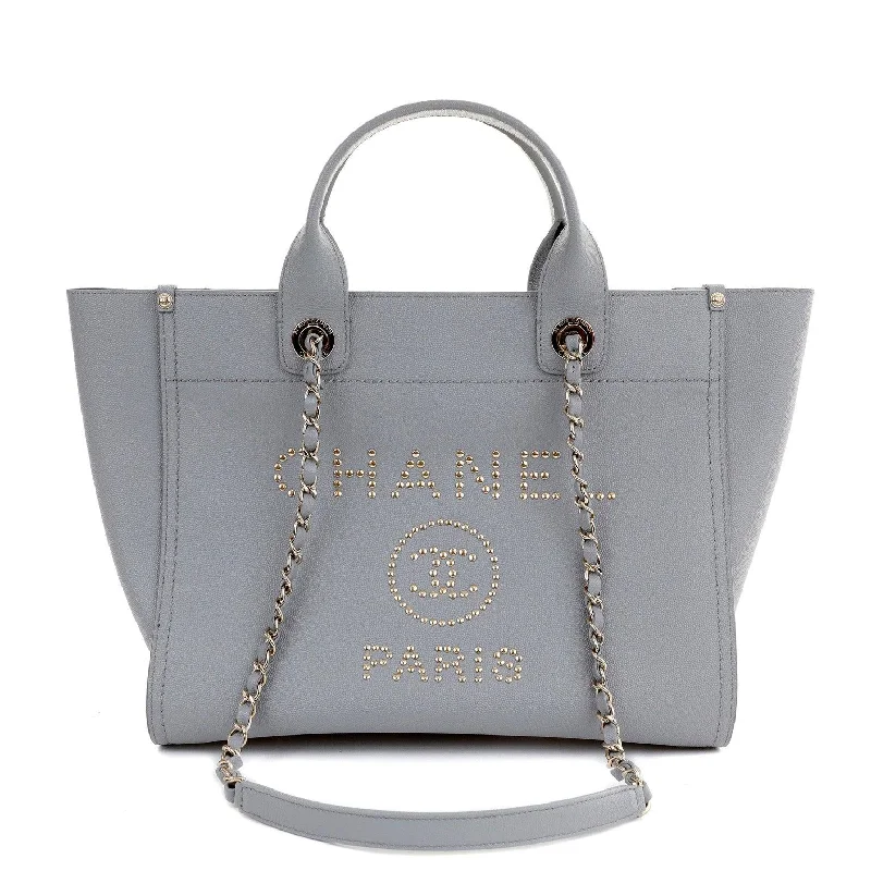 Chanel bags available in bold colors and patternsChanel Grey Caviar Deauville Studded Tote with Silver Hardware