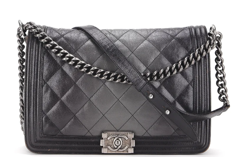 Chanel bags with the perfect balance of luxury and functionalityCHANEL LE BOY (1857xxxx) LARGE BLACK OMBRE GLAZED CALF LEATHER RUTHENIUM HARDWARE, WITH CARD, NO DUST COVER