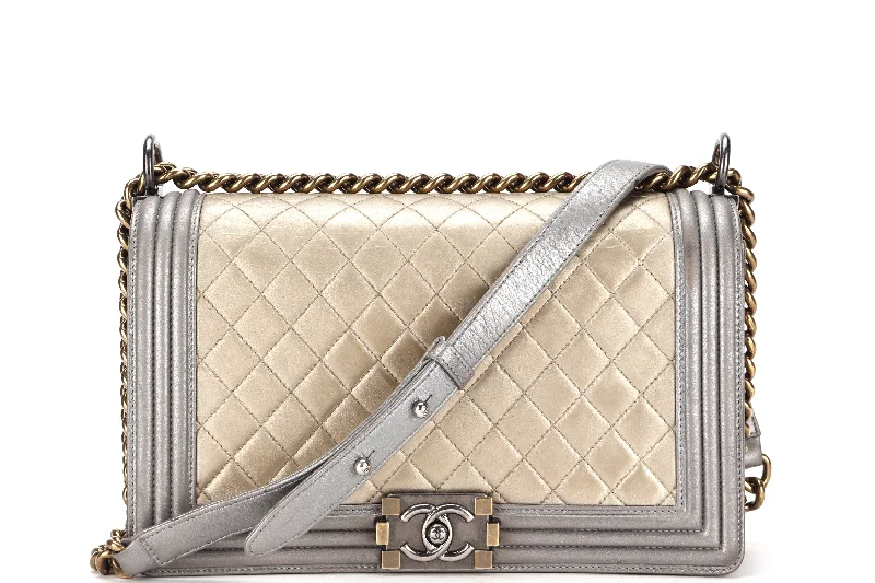 Chanel Small Crossbody Bag for TravelCHANEL LE BOY (1961xxxx) NEW MEDIUM GOLD SILVER METALLIC CALFSKIN RUTHENIUM HARDWARE, WITH CARD, NO DUST COVER