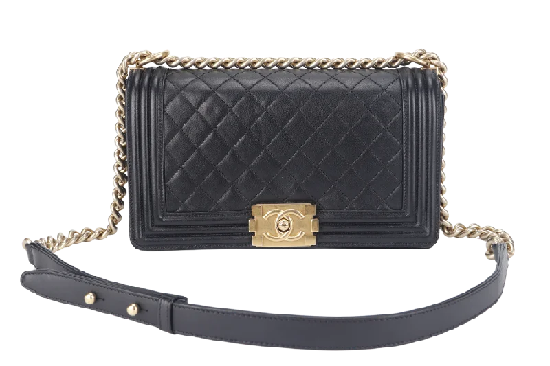 Chanel Handbag with Adjustable Strap for ComfortCHANEL LE BOY OLD MEDIUM (2165xxxx) BLACK LAMBSKIN GOLD HARDWARE WITH DUST COVER, CARD AND BOX