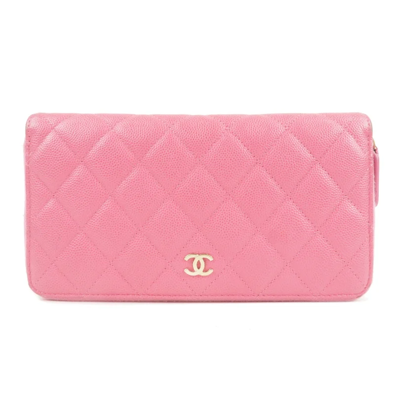 Chanel Handbag with Adjustable Strap for ComfortCHANEL Matelasse Caviar Skin Round Zippy Long Wallet Pink AP0242