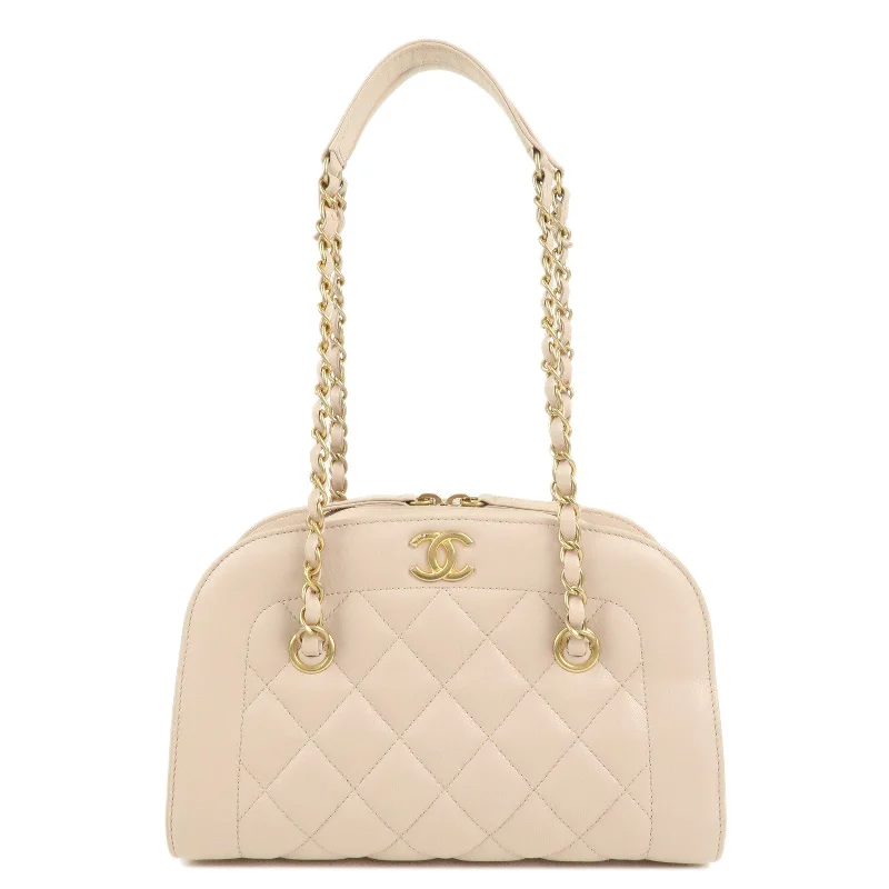 Chanel bags with intricate metal hardwareCHANEL Matelasse Lamb Skin Chain Shoulder Bag Pink Beige